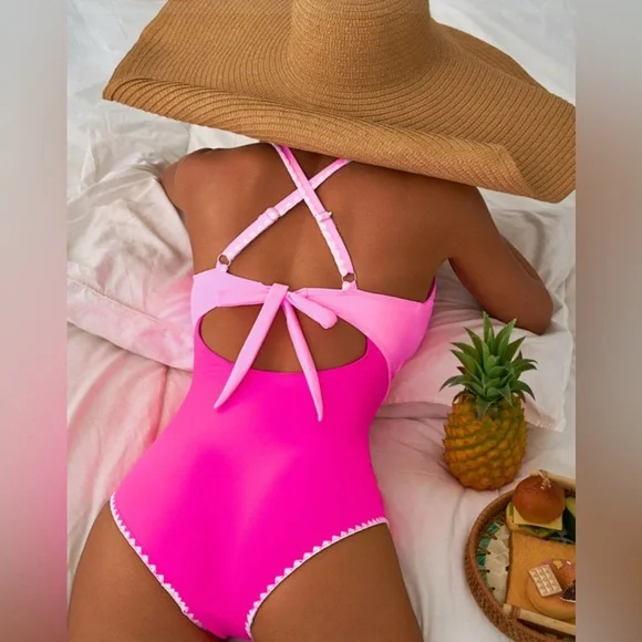 Pink Rose Red Ric Rac Trim Contrasted Cutout One Piece Swimsuit size 16 - Picture 3 of 11